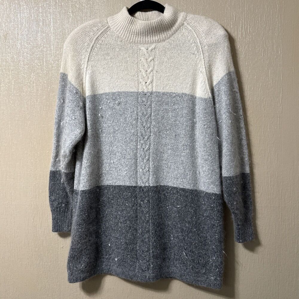 Vintage 80s Segue Silk Angora Wool Mock Neck Sweater Size L   White and Grays